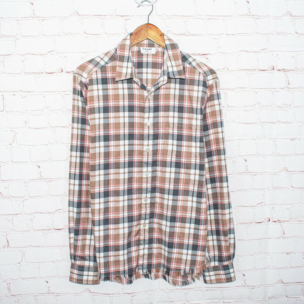 FRAME Denim Men's reg fit Fray Hem Button up Flannel Shirt Gray Multi Plaid Sz M